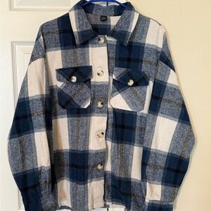 Blue and White Plaid Button Up Jacket (Large)